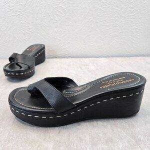 Platform Slide Sandals Size 7 Black Leather Y2K Open Toe Slip On Chunky Wedges